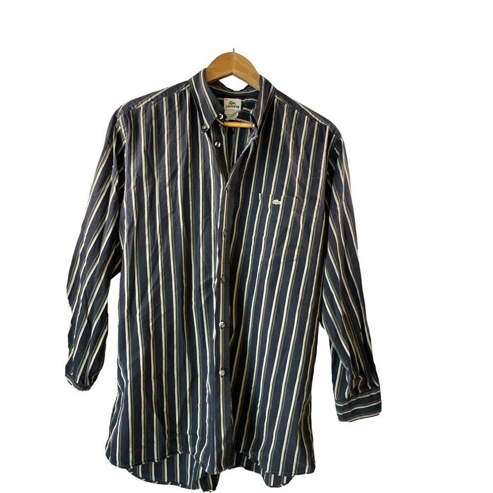 Lacoste Vintage Mens Gingham Long Sleeve Button Up Sz 44 Dk Blue,Gray,Green,Tan